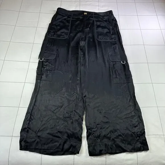 Anthropologie Pants Womens 12 Black Satin Wide Leg Cargo Edgy Contemporary Party - Picture 2 of 12